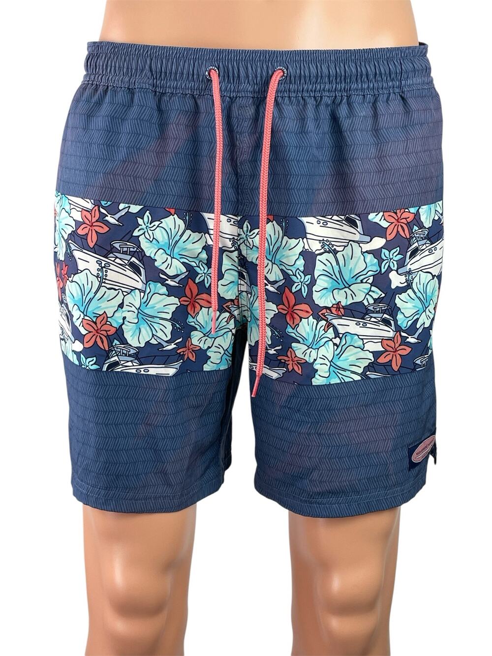 Vineyard Vines Men's Blue Floral Chevron Drawstring Swim Trunks Swimwear Size M